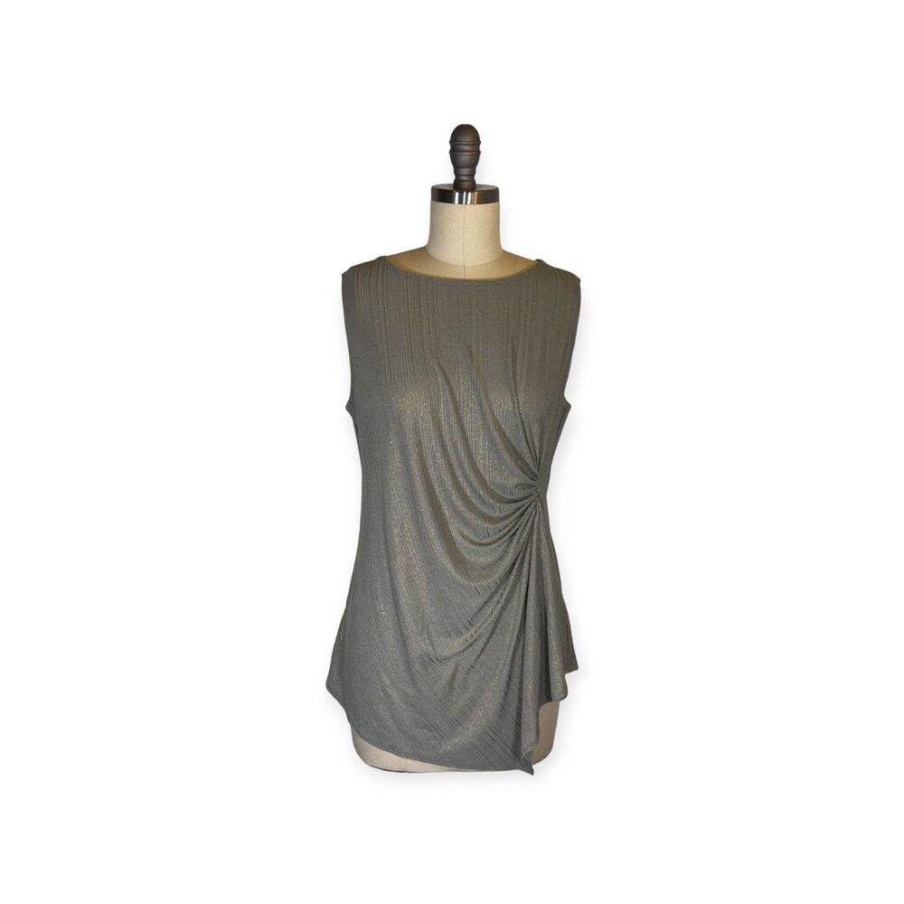 Sleeveless draped / ruched metallic knit blouse